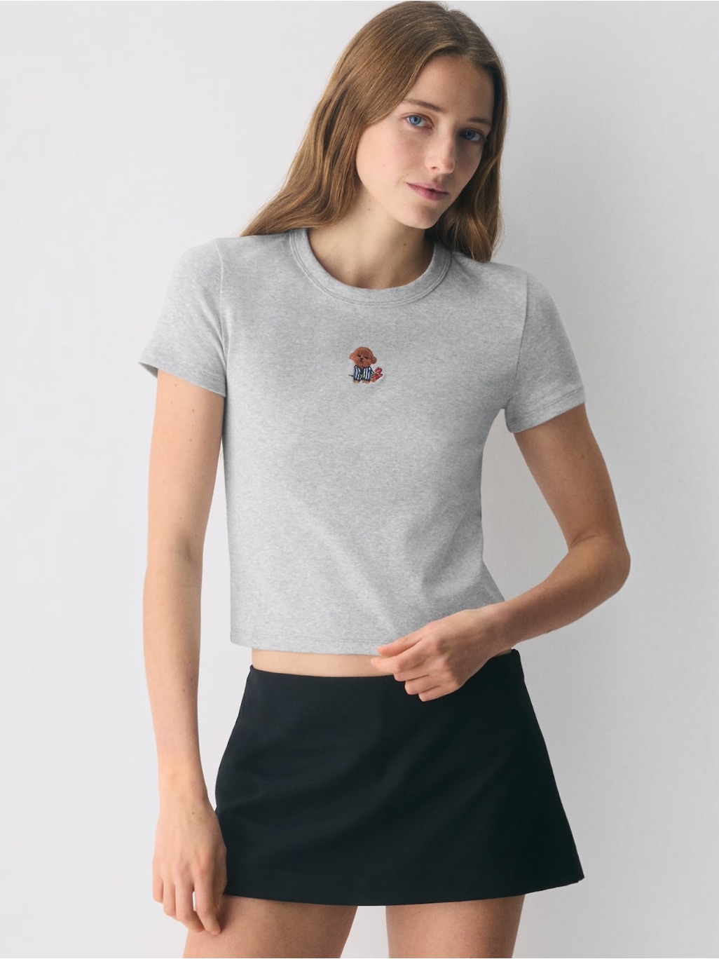 Sunday Best Grey Ribbed Baby Tee Features An Embroidered Dog Graphic.